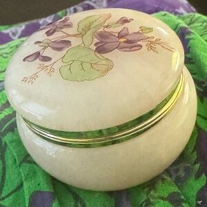 Hand Carved Italy Alabaster Trinket Box Floral Iris Natural stone 2.5”x 2” VTG